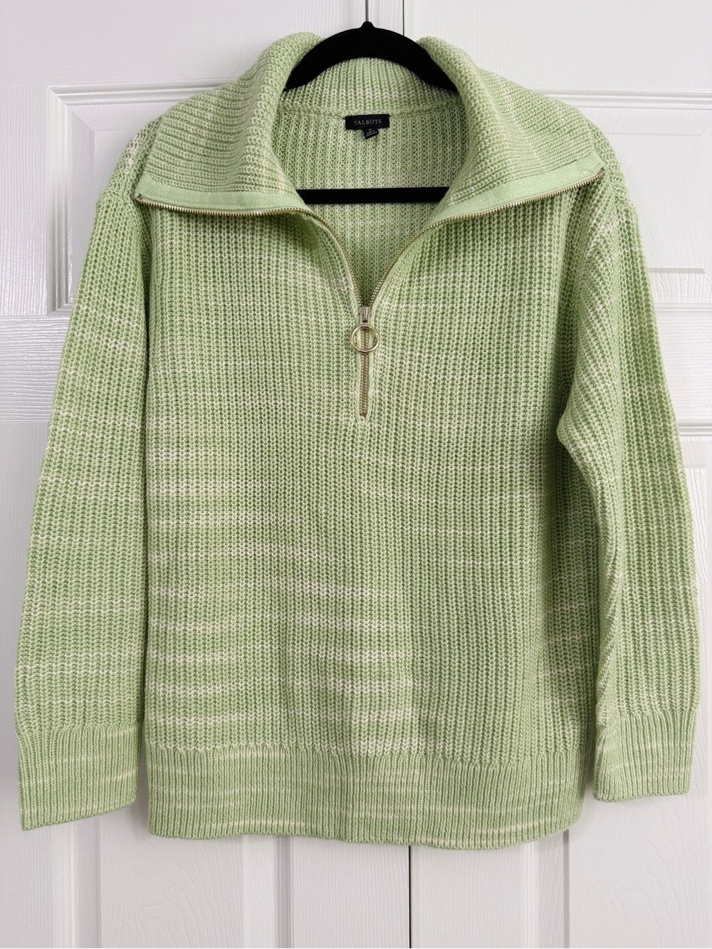 Talbots Chunky Ribbed Half Zip Sweater Light Green Cotton Blend Medium